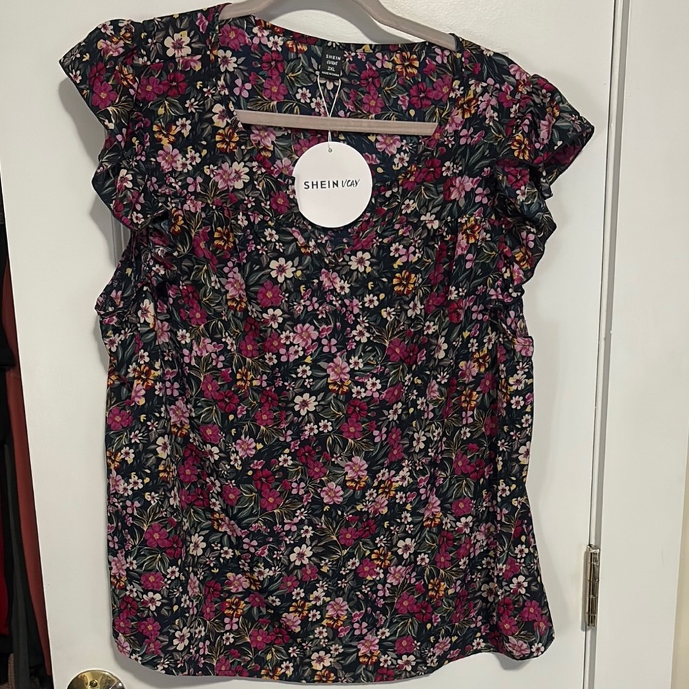 NWT SHEIN Black Ruffled Blouse with Pink Accents